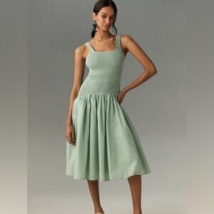 NWT Huch Green/bluish Sleeveless Smocked Drop-Waist Midi Dress